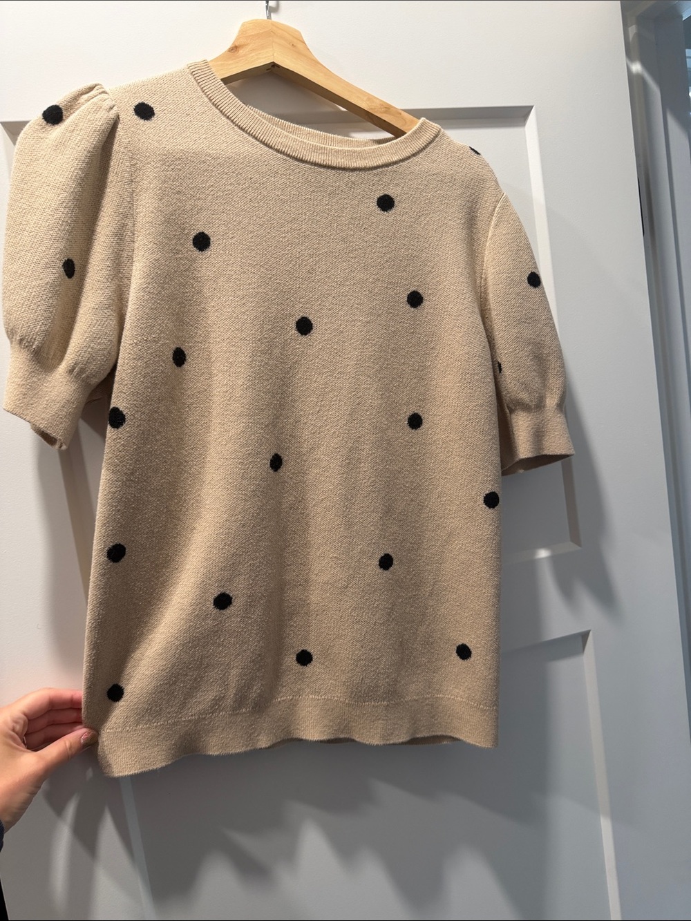 Crewneck Short Sleeve Polka Dot Sweater - Beige/Black